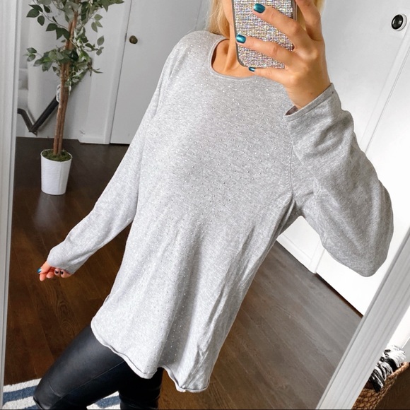 🐚 BONITA GREY SILVER RHINESTONE LONG SLEEVE KNIT TOP! - Picture 3 of 13